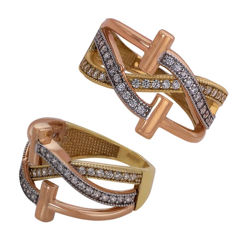 Pierścionek obrączkowy z trzech kolorów złota z cyrkoniami 84468