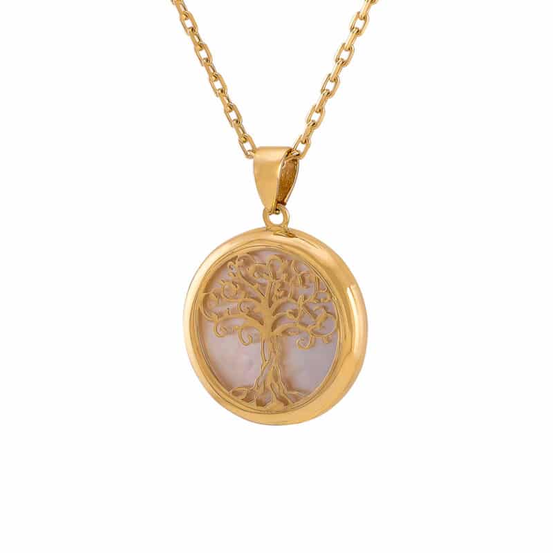 Zawieszka z żółtego złota- drzewko szczęścia z białą emalią w kole 84378