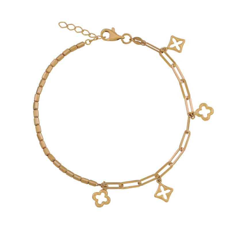 Bransoletka z żółtego złota z dwoma splotami łańcuszka i wiszącymi marokańskimi koniczynkami 84358