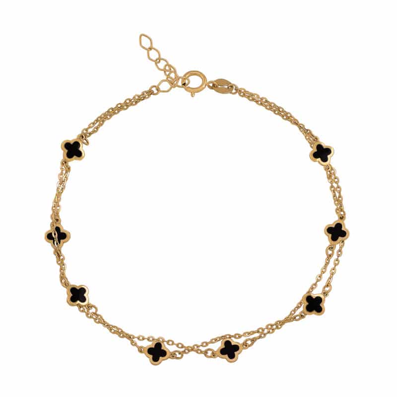 Bransoletka na podwójnym łańcuszku z żółtego złota z marokańskimi koniczynkami i czarną emalią 84364
