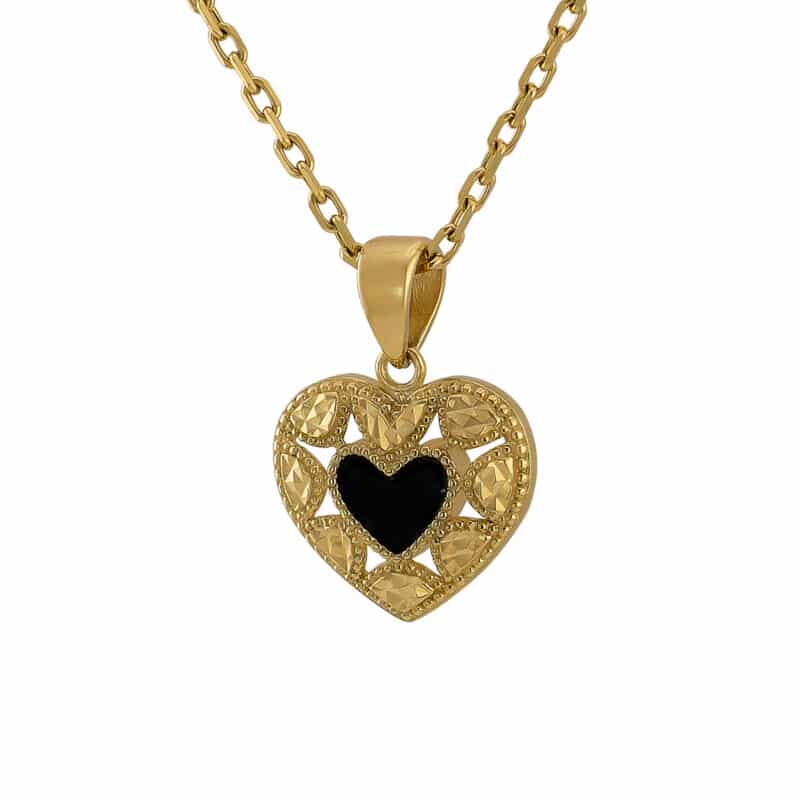 Złota Zawieszka Ażurowe Serce z Czarnym Onyksem 85172