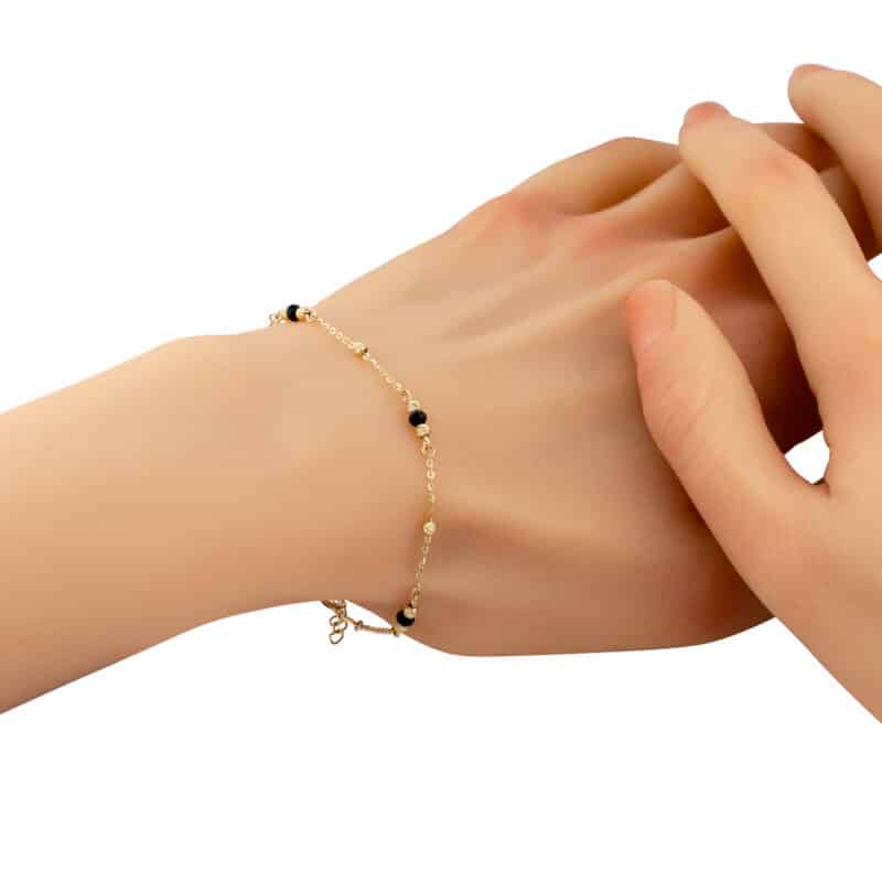 Złota Bransoletka z Czarnymi Onyksami i Diamentowanymi Kulkami 85203