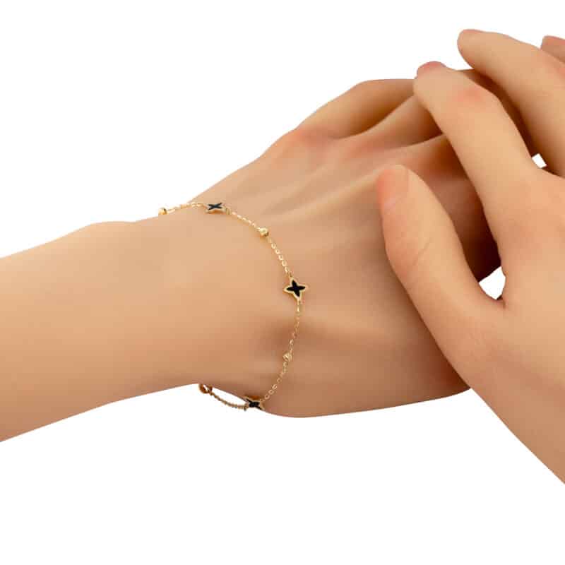 Złota Bransoletka– Czarne Kwiaty Marokańskie i Diamentowane Kuleczki 85206