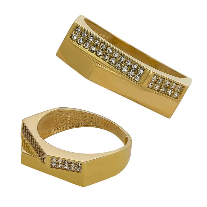 Nowoczesny Złoty Pierścionek Sygnetowy z Cyrkoniami– Geometryczny Design 85155