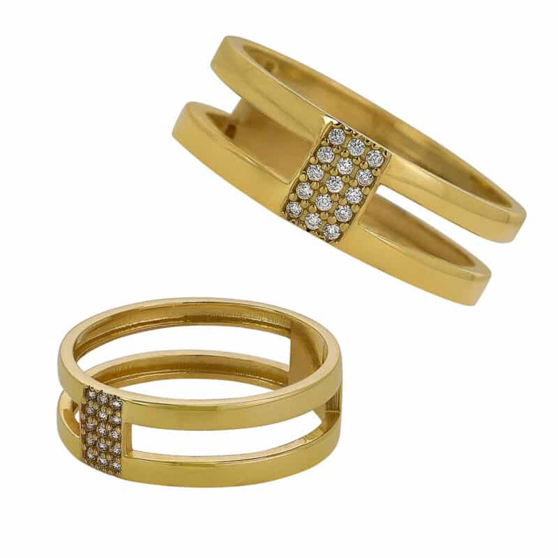 Nowoczesny Złoty Pierścionek– Geometryczna Forma z Cyrkoniami 85153