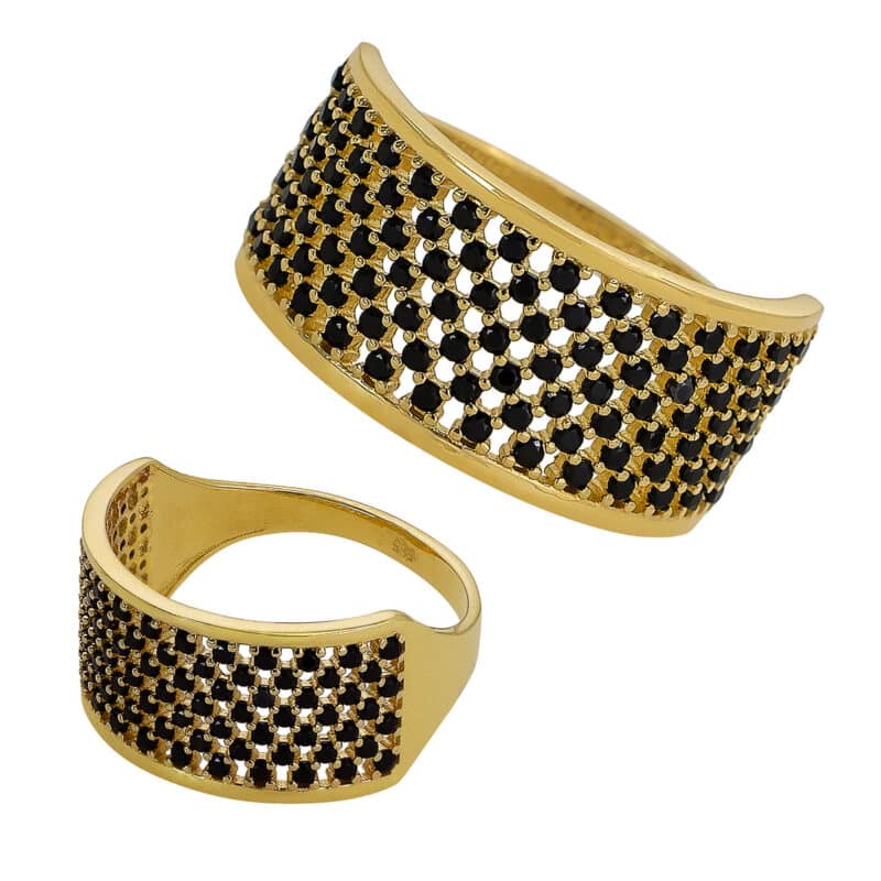 Złoty Pierścionek Szeroki– Ażurowy Wzór z Czarnymi Cyrkoniami 85152