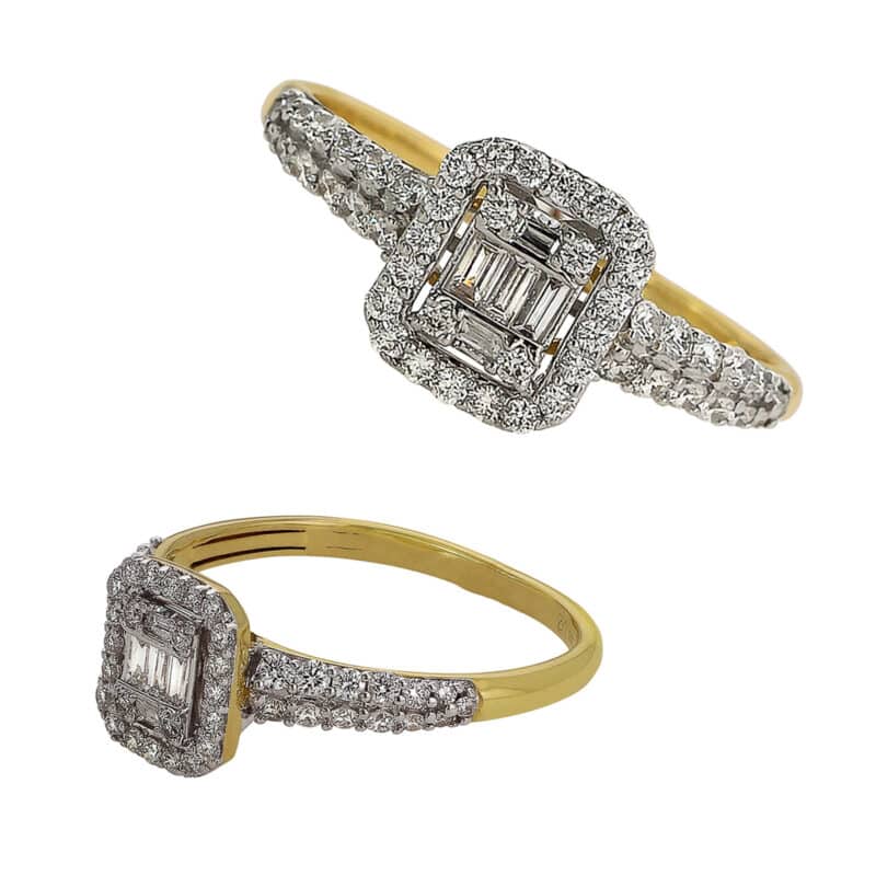 Złoty Pierścionek z Diamentami o Szlifie Bagietowym i Brylantowym 85274