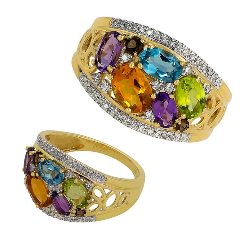 Złoty Pierścionek z Naturalnymi Kamieniami Kolorowymi i Brylantami 85277