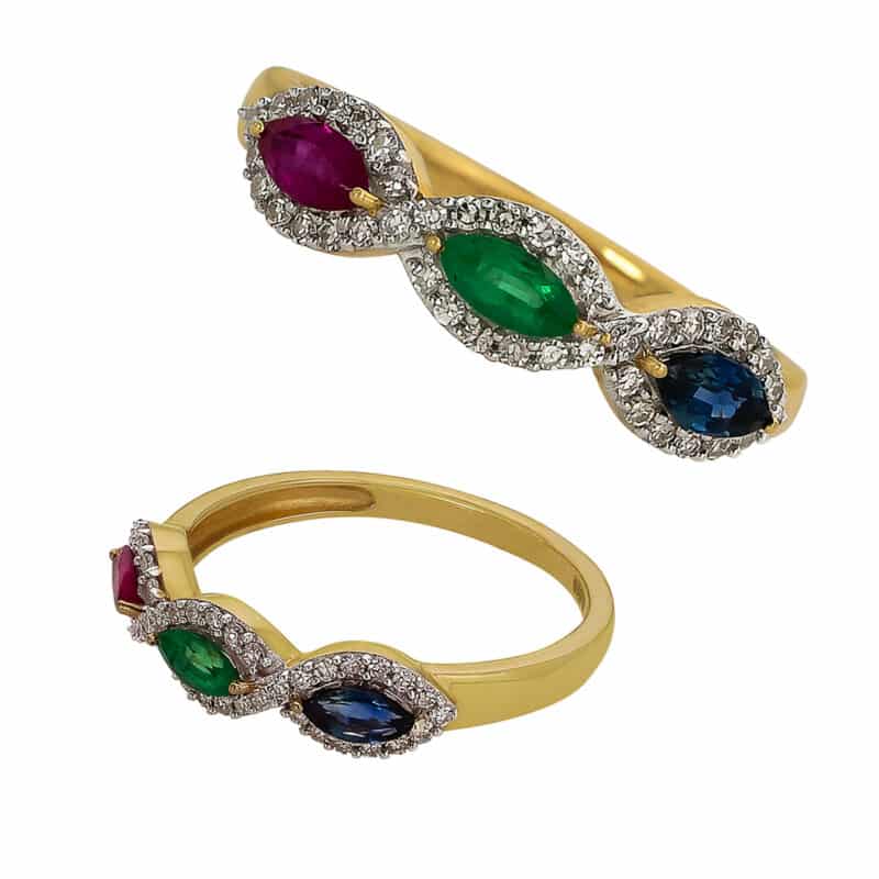 Złoty Pierścionek z Rubinem, Szmaragdem, Szafirem i Brylantami 85279