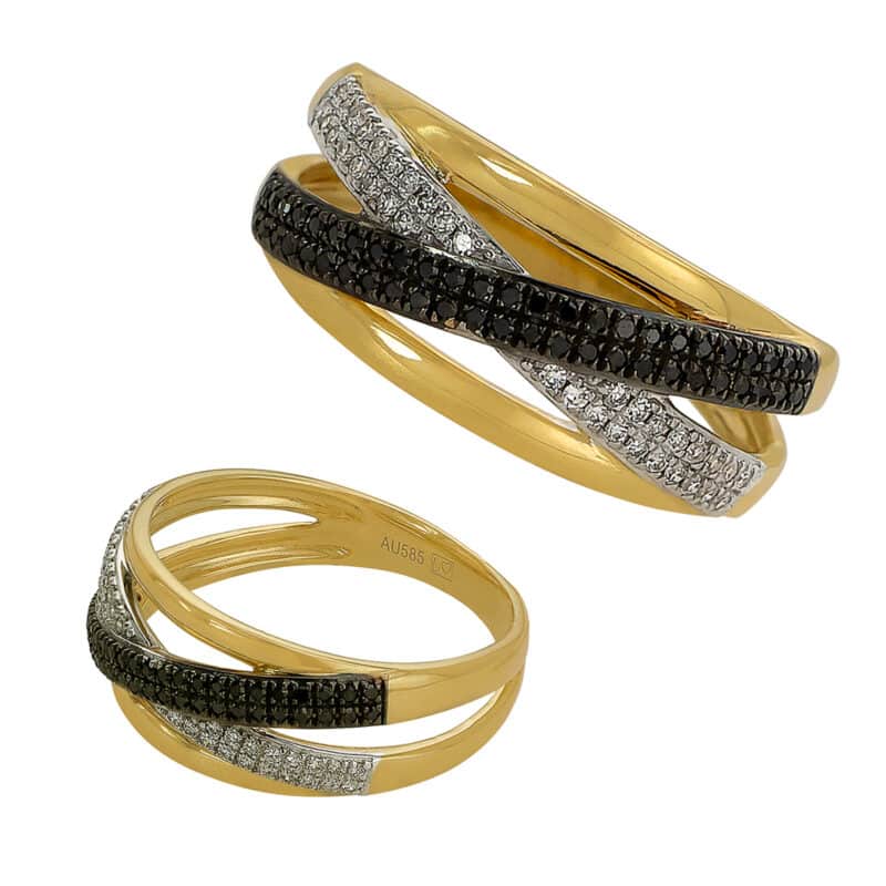 Złoty Pierścionek z Białymi i Czarnymi Brylantami 85280