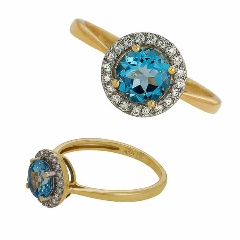 Złoty Pierścionek z Niebieskim Topazem i Brylantami 85283