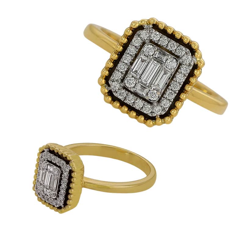 Złoty Pierścionek z Diamentami o Szlifie Bagietowym i Brylantowym 85284