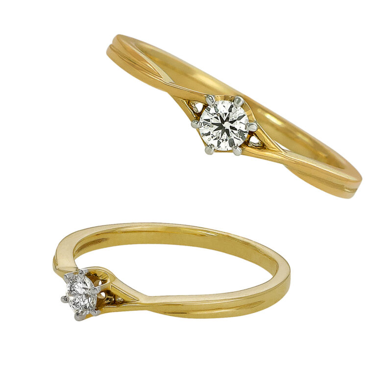 Złoty Pierścionek z Brylantem w Sześcioramiennej Koronie i Przeplatanej Szynie - 84485