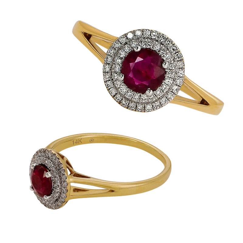 Złoty Pierścionek z Naturalnym Rubinem i Podwójną Aureolą Brylantów - 82304