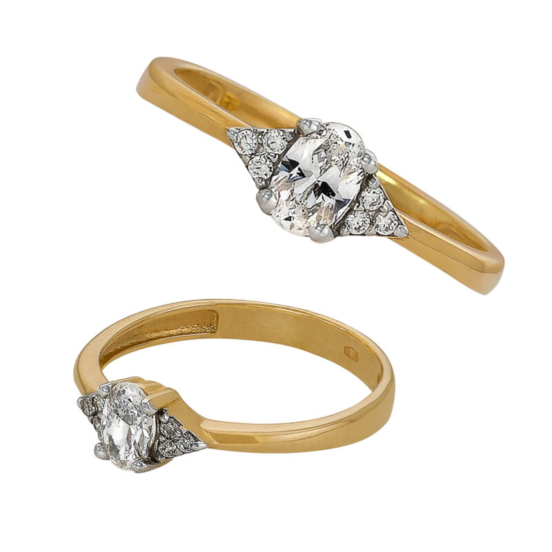 Złoty Pierścionek z Owalnym Kamieniem i Geometrycznymi Detalami - 84507